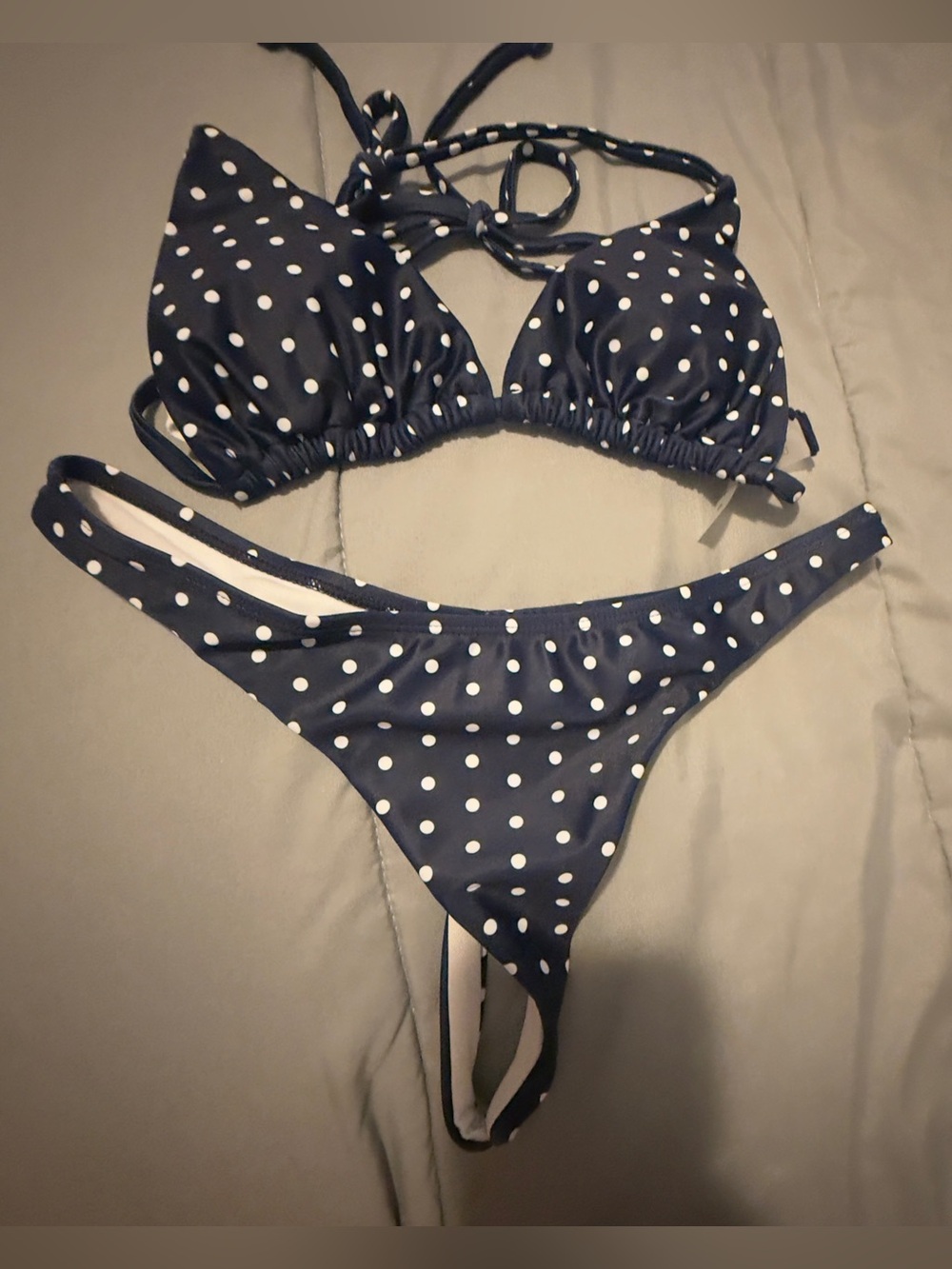 SHEIN Navy and White Polka Dot Triangle Bikini